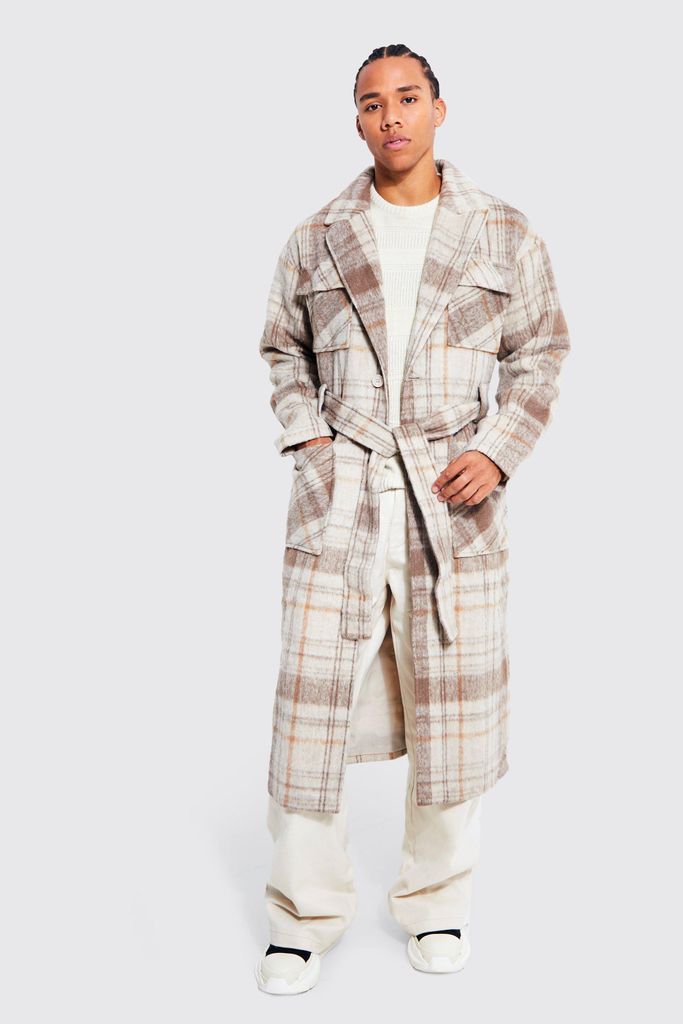 Men's Tall Wool Look Check 4 Pocket Long Overcoat - Beige - S, Beige