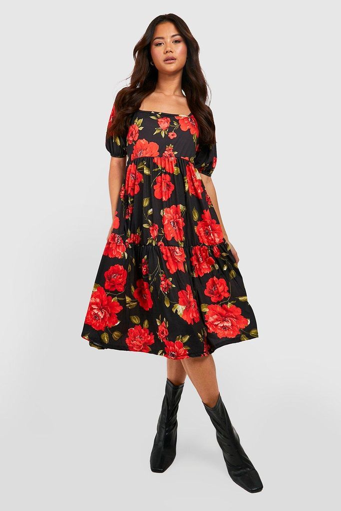 Womens Floral Print Square Neck Tiered Midi Dress - 8, Red