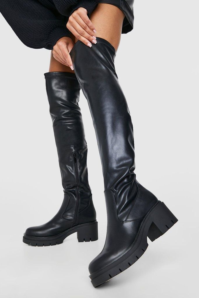Womens Wide Fit Cleated Over The Knee Pu Boots - Black - 3, Black