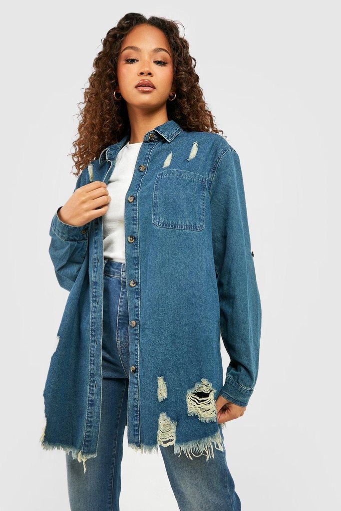 Womens Vintage Wash Distressed Roll Sleeve Denim Shirt - Blue - 6, Blue