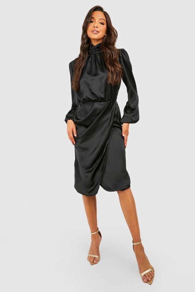 Womens Satin High Neck Draped Wrap Midi Dress - Black - 8, Black