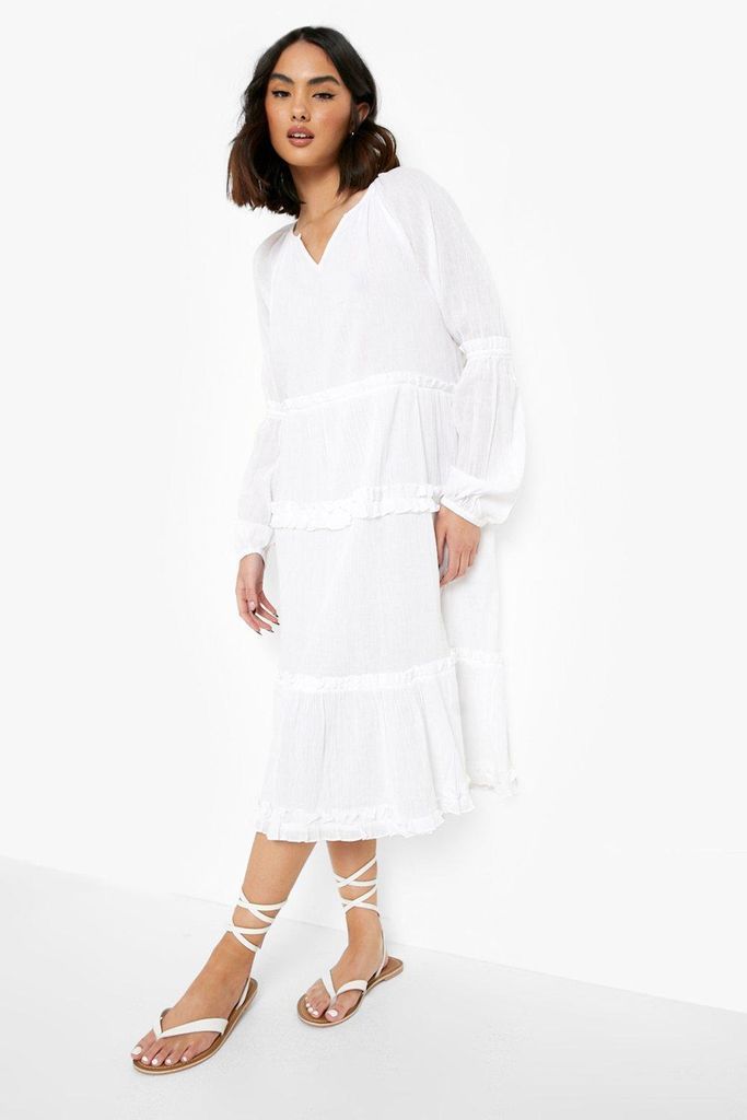 Womens Cheesecloth Tiered Midi Smock Dress - White - 8, White