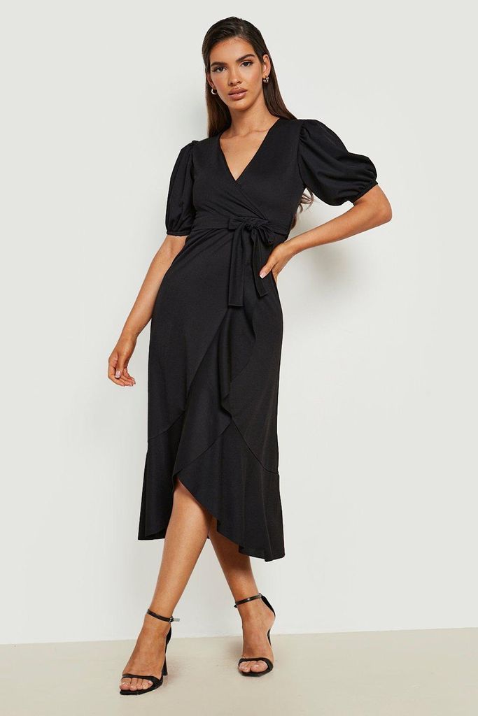 Womens Ruffle Wrap Puff Sleeve Midaxi Dress - Black - 8, Black