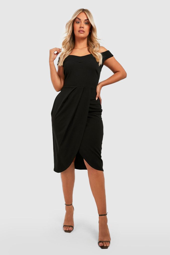 Womens Plus Off The Shoulder Wrap Midi Dress - Black - 28, Black