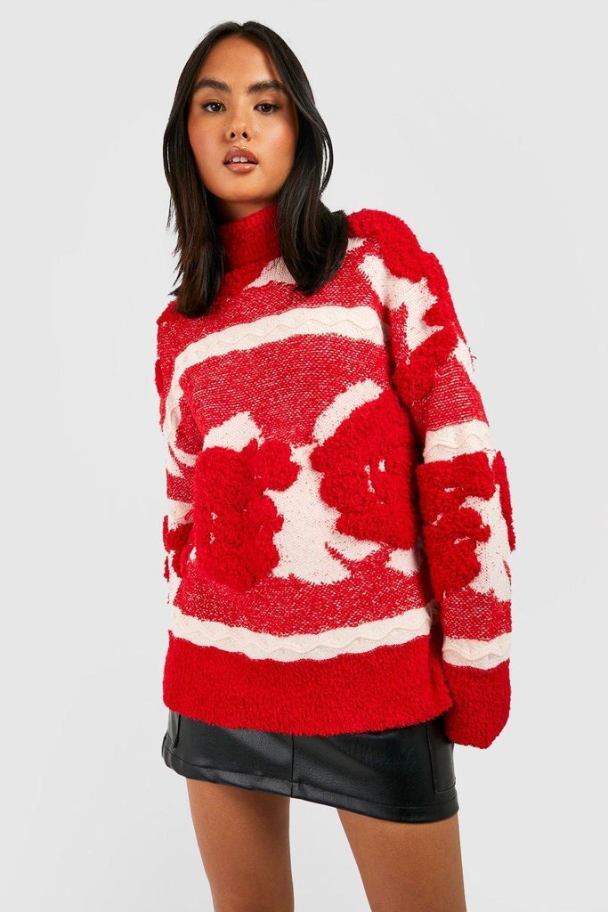 Womens Jacquard Knitted Roll Neck Jumper - Red - S, Red