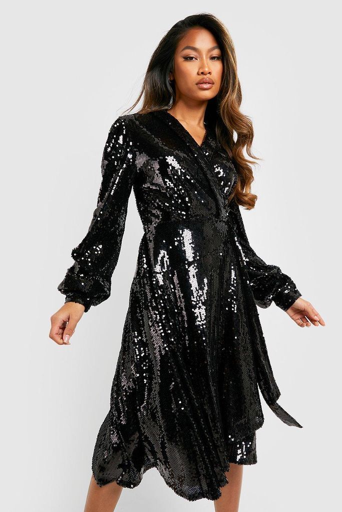 Womens Sequin Wrap Midi Party Dress - Black - 8, Black