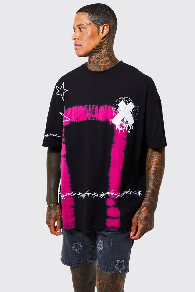 Men's Oversized Graffiti Print Tie Dye T-Shirt - Pink - M, Pink