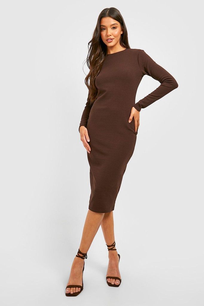 Womens Basic Long Sleeve Crepe Midi Dress - Brown - 10, Brown