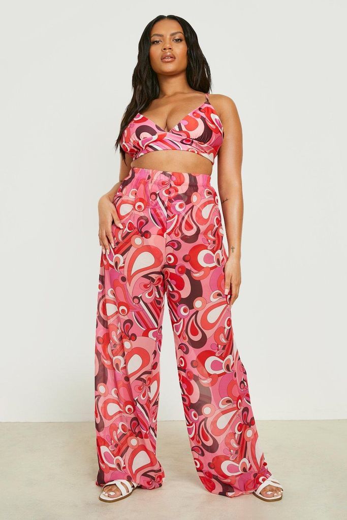 Womens Plus Retro Floral Print Beach Trouser - Pink - 16, Pink
