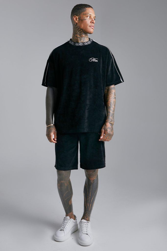Men's Oversized Velour Short Set With Piping - Black - M, Black