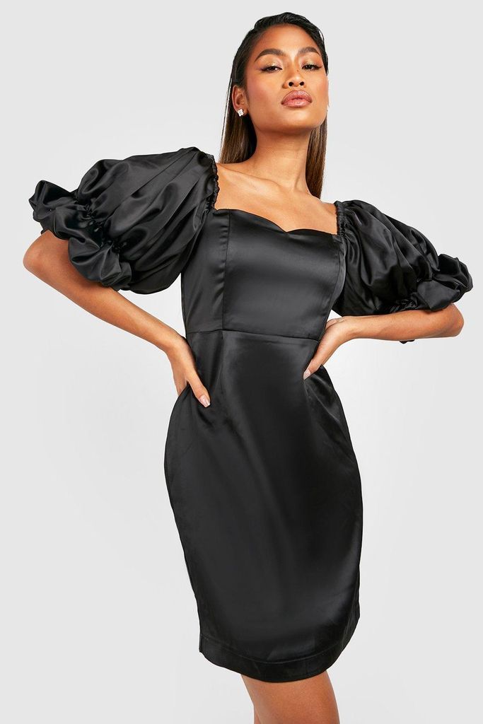 Womens Satin Puff Sleeve Mini Dress - Black - 8, Black