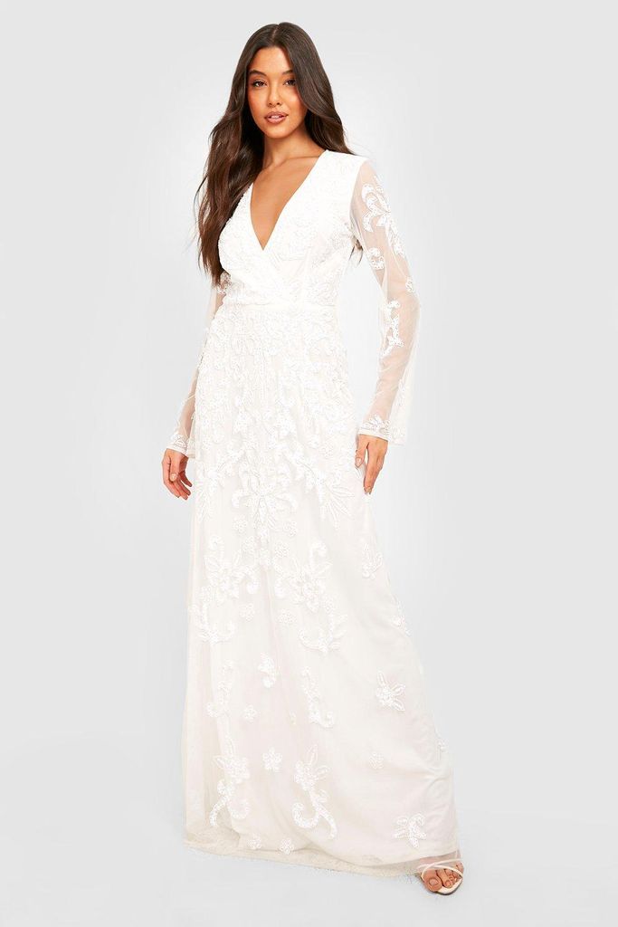 Womens Embellished Plunge Maxi Dress - White - 8, White