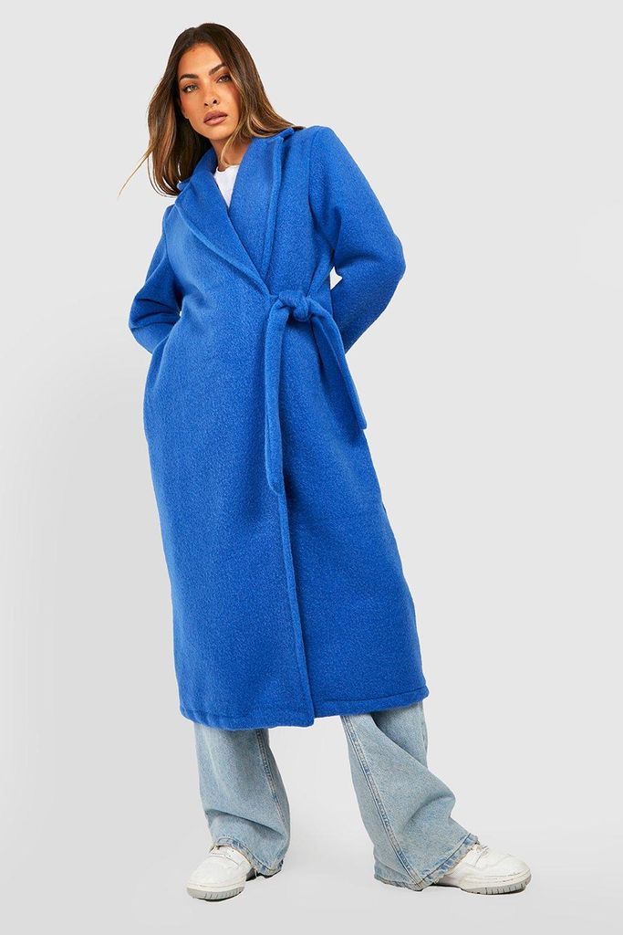 Womens Wool Look Textured Side Tie Oversized Coat - Blue - 8, Blue