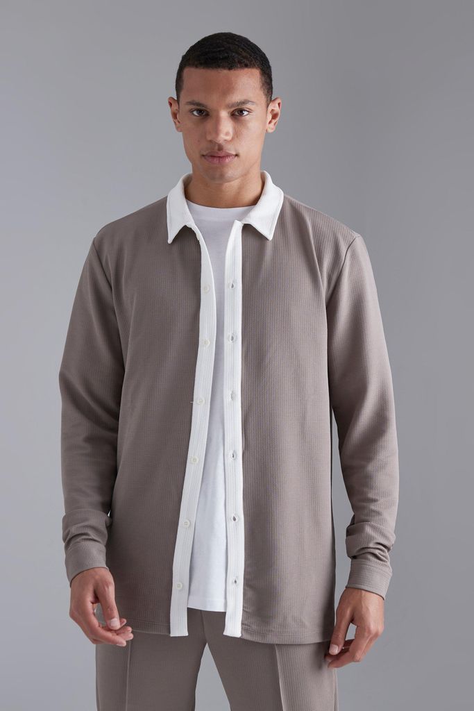 Men's Tall Long Sleeve Jersey Textured Shirt - Beige - S, Beige