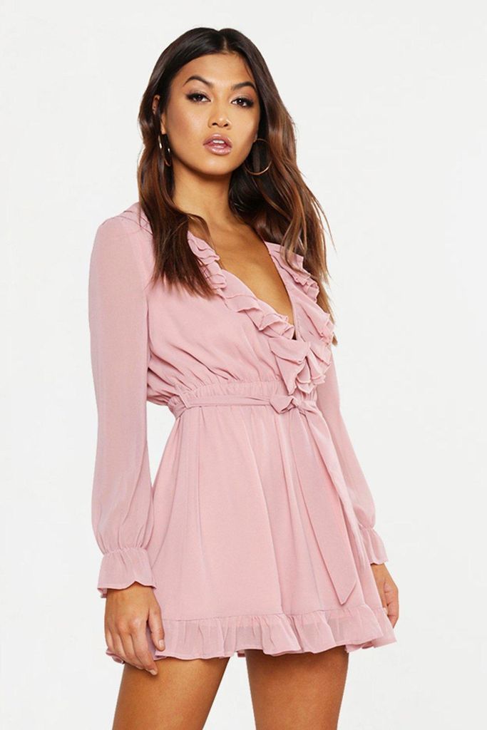 Womens Ruffle Plunge Front Skater Dress - Pink - 8, Pink