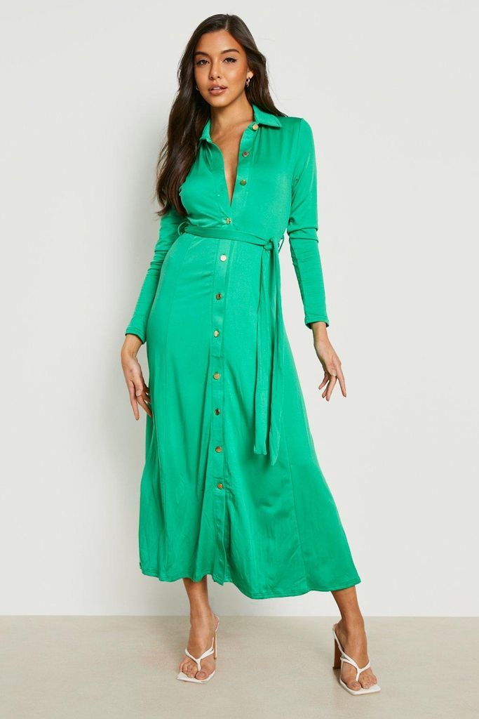 Womens Button Detail Belted Midaxi Shirt Dress - Green - S/M, Green