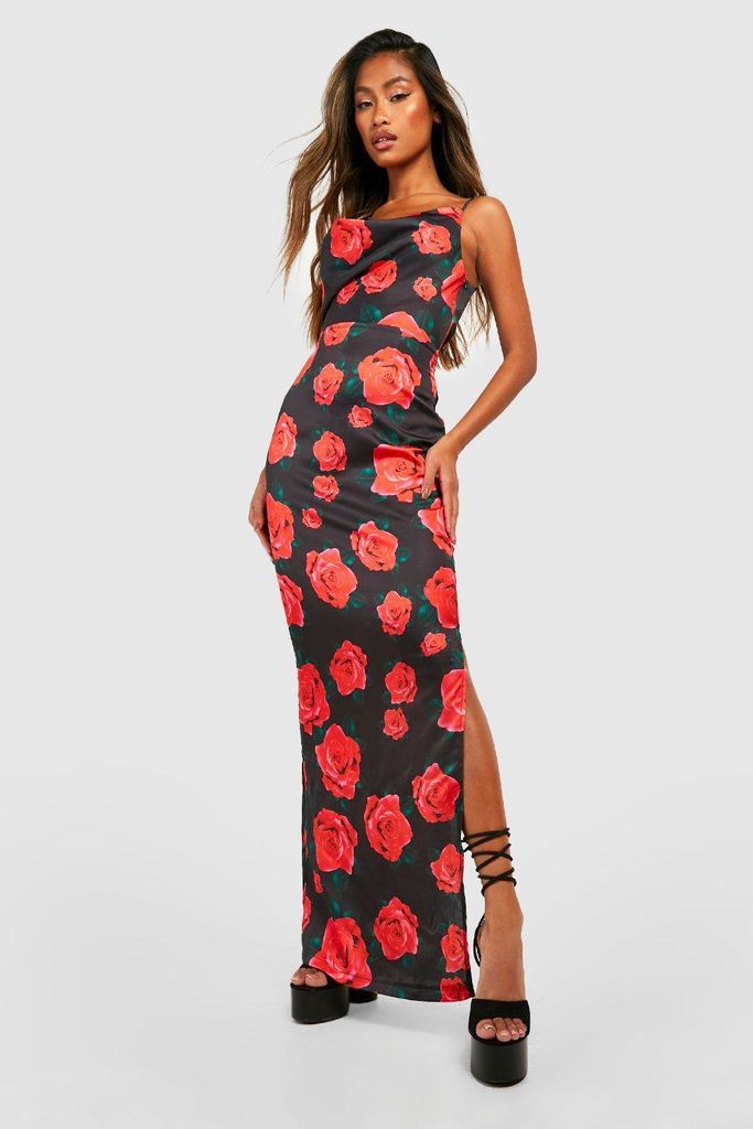 Womens Floral Asymmetric Maxi Slip Dress - Black - 8, Black
