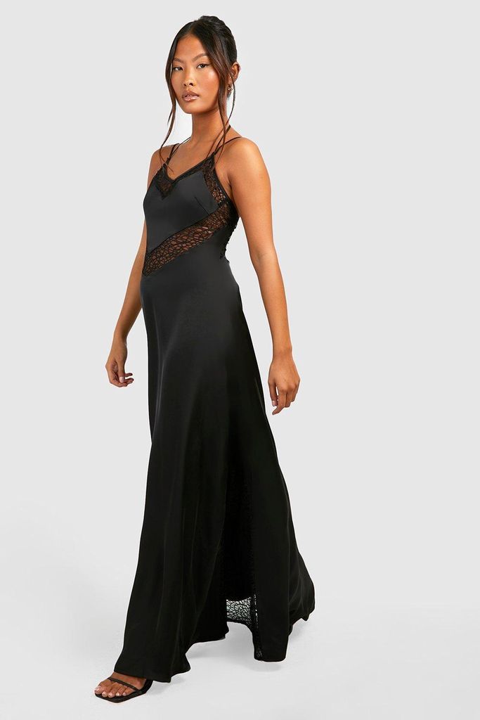 Womens Petite Premium Satin Lace Panel Maxi Dress - Black - 6, Black