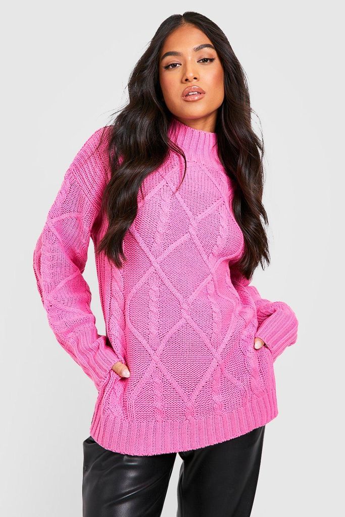 Womens Petite Cable Knitted High Neck Split Hem Jumper - Pink - S, Pink