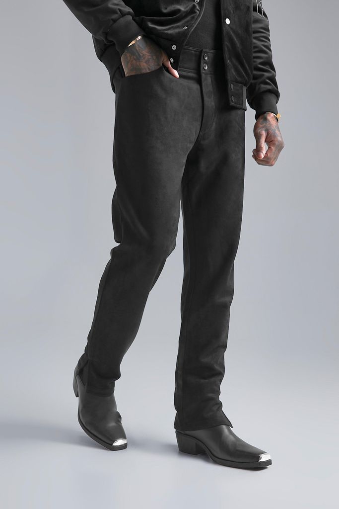 Men's Fixed Waist Slim Faux Suede Split Hem Trouser - Black - 28R, Black