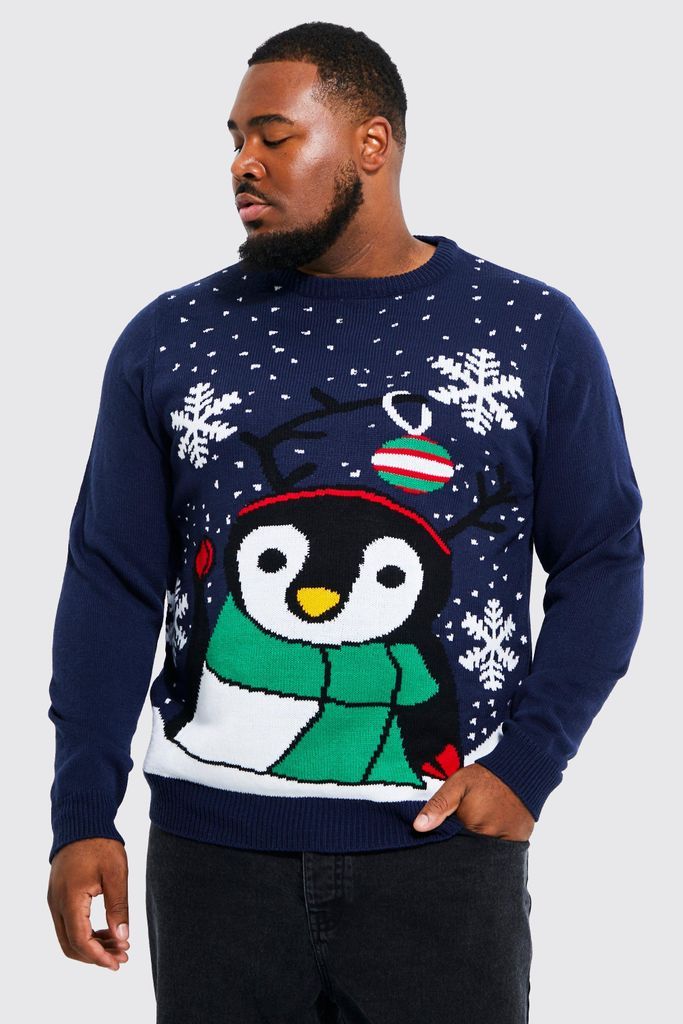 Men's Plus Novelty Penguin Christmas Jumper - Navy - Xxxl, Navy