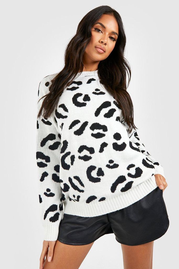 Womens Leopard Knitted Jumper - White - S, White