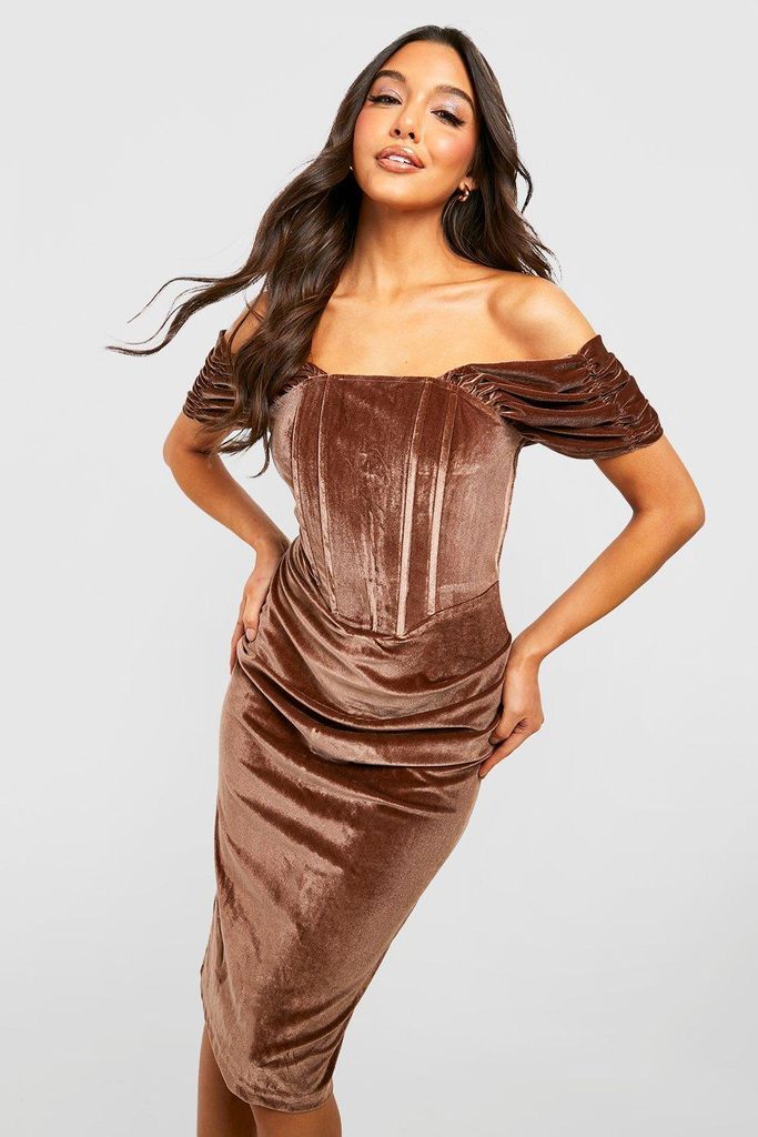 Womens Off The Shoulder Velvet Corset Detail Dress - Brown - 8, Brown