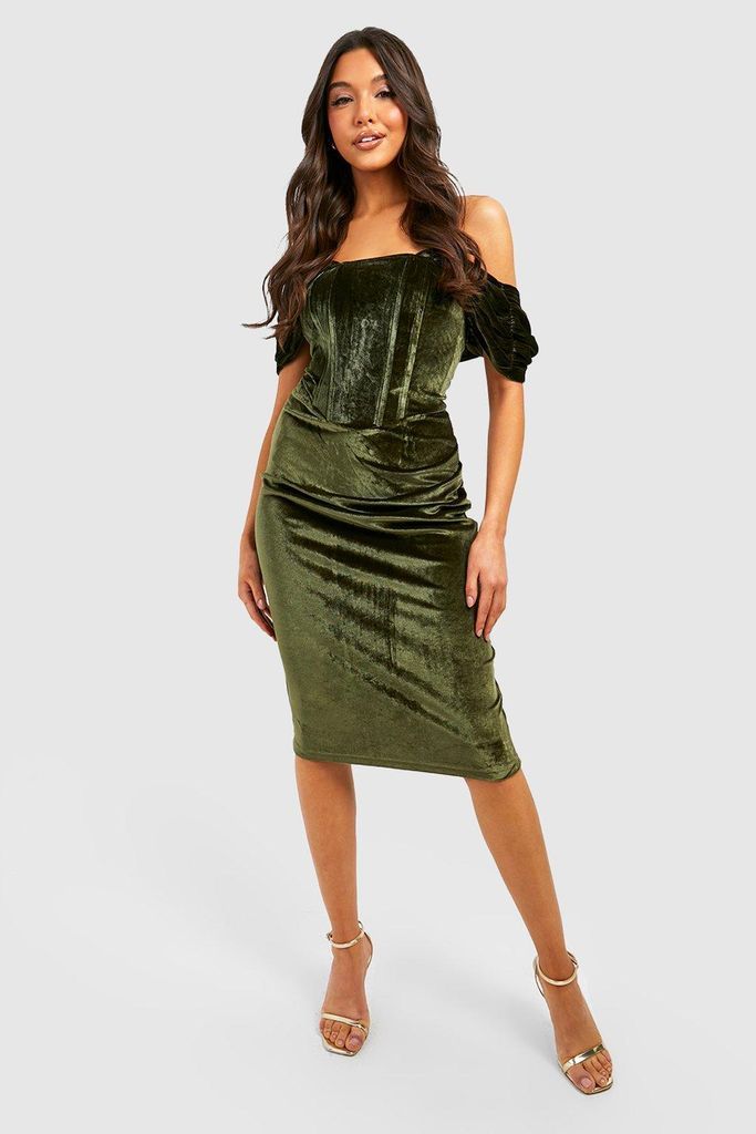 Womens Off The Shoulder Velvet Corset Detail Dress - Green - 8, Green