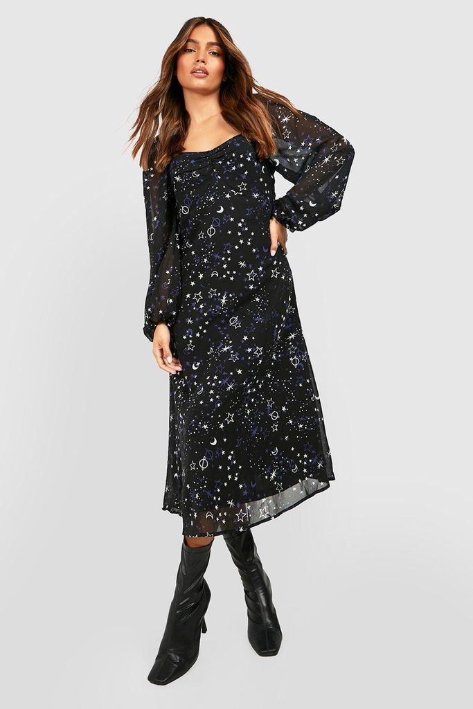 Womens Star Printed Long Sleeve Midi Smock Dress - Black - 8, Black