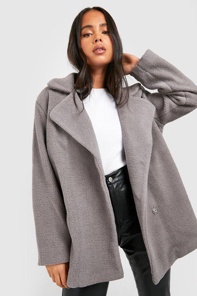 Womens Petite Double Breasted Teddy Coat - Grey - 4, Grey