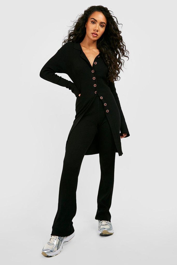 Womens Long Cardigan And Wide Leg Knitted Set - Black - S, Black