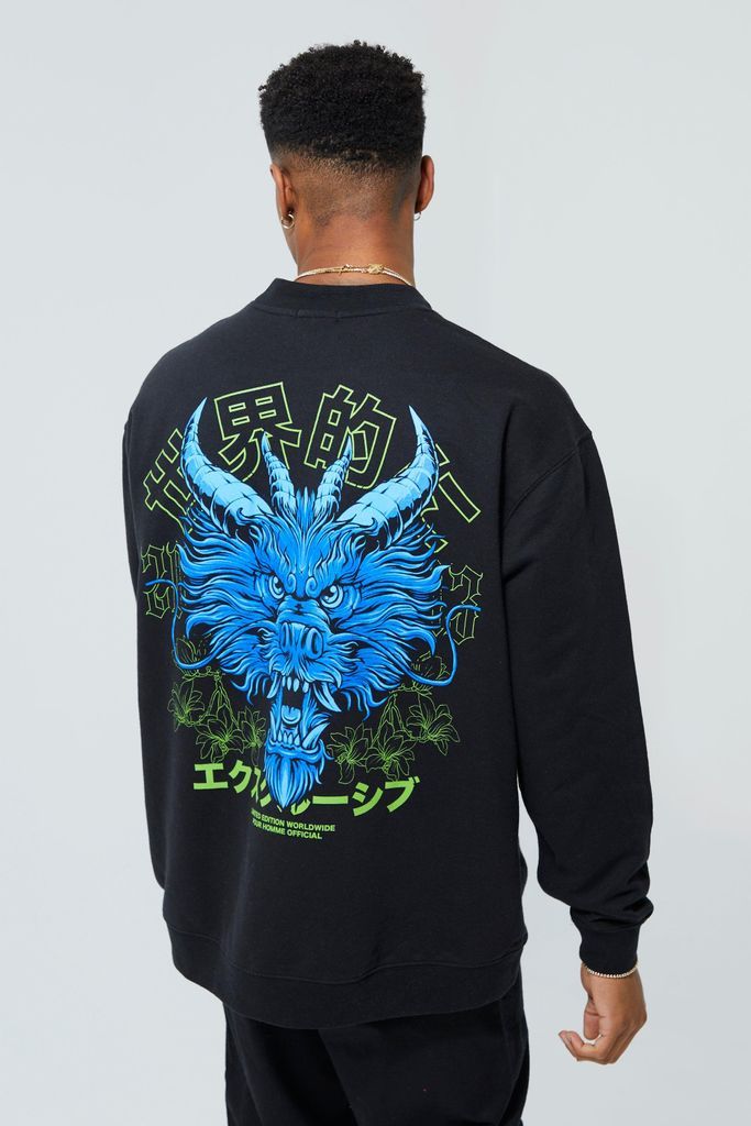 Men's Oversized Extended Dragon Graphic Sweatshirt - Black - S, Black