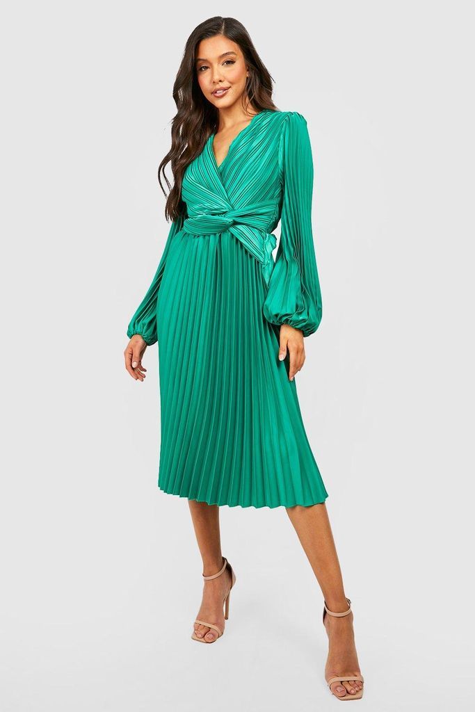 Womens Pleated Satin Twist Detail Midi Dress - Green - 8, Green