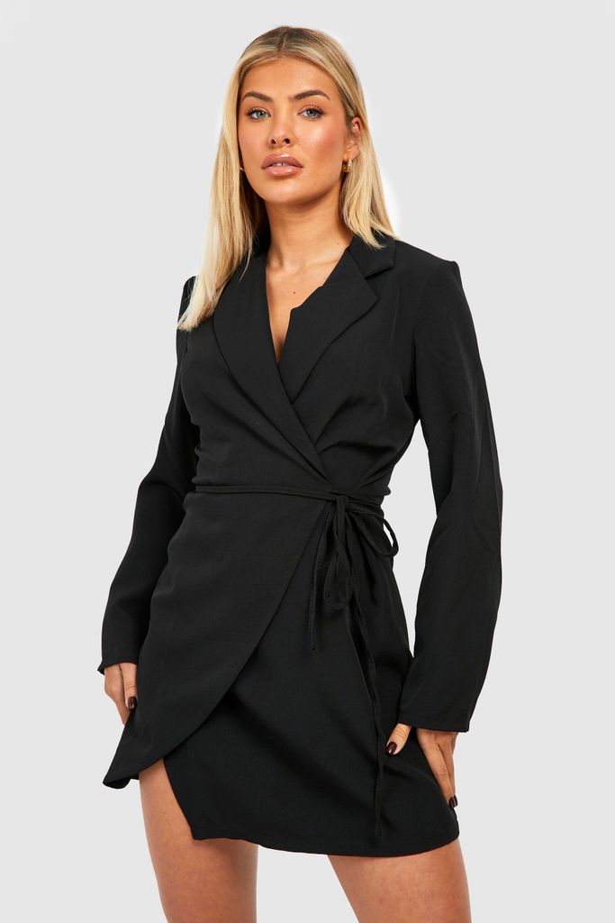 Womens Tie Waist Wrap Front Blazer Dress - Black - 10, Black