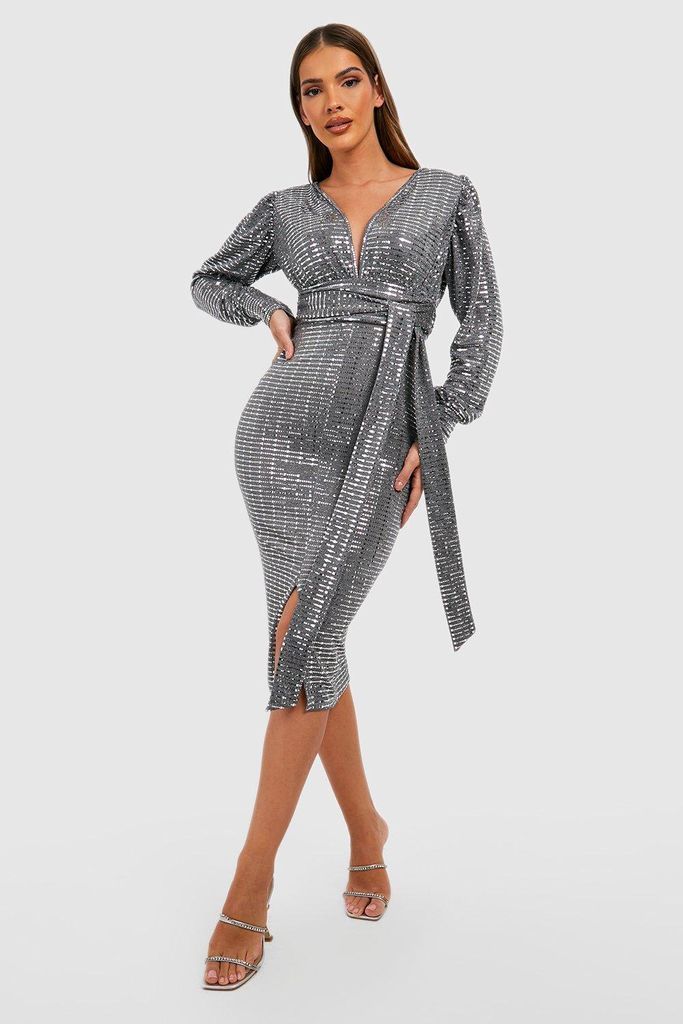 Womens Sequin Plunge Tie Waist Midi Dress - Grey - 8, Grey