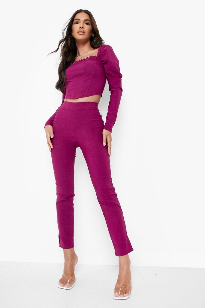 Womens Puff Sleeve Top & Slim Leg Trousers - Pink - 14, Pink