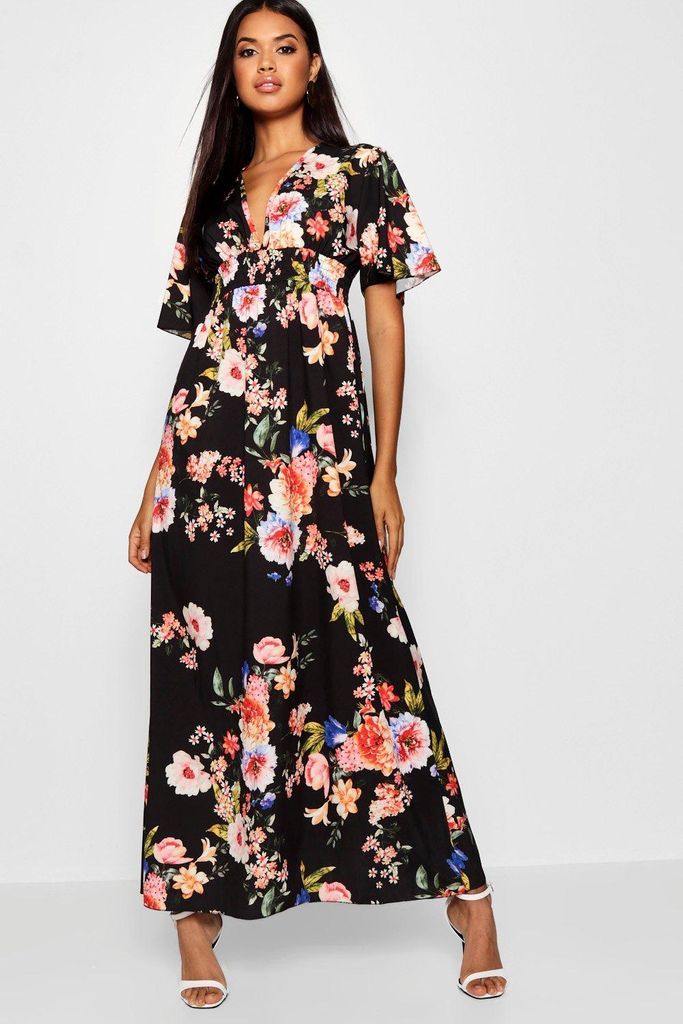 Womens Cap Sleeve Shirred Waist Floral Maxi Dress - Black - 14, Black