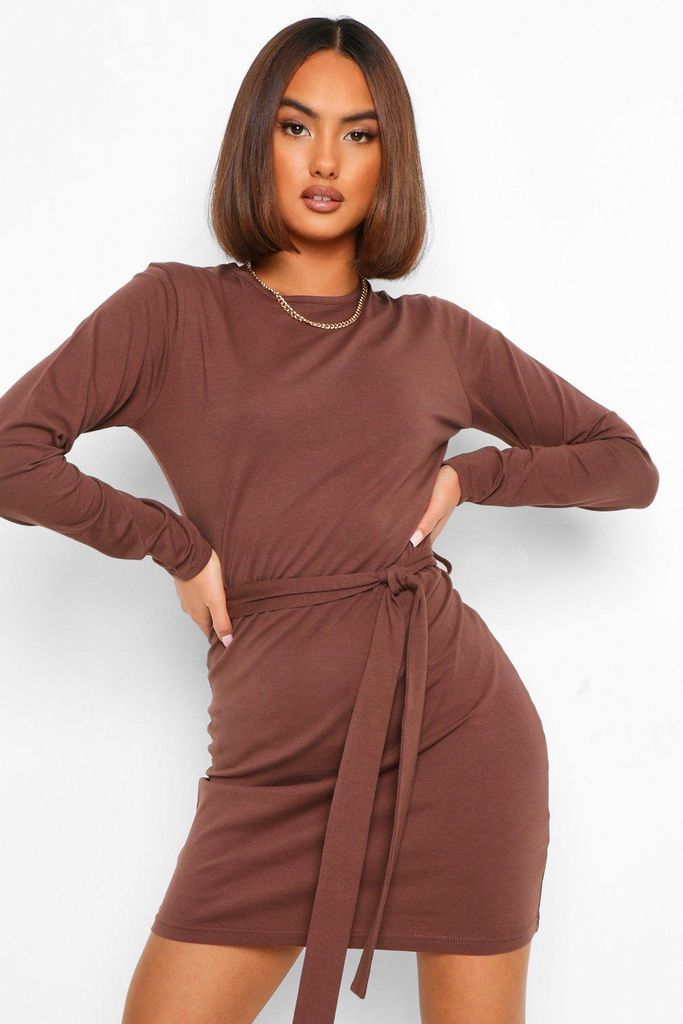 Womens Long Sleeve Belted Mini Dress - Brown - 8, Brown