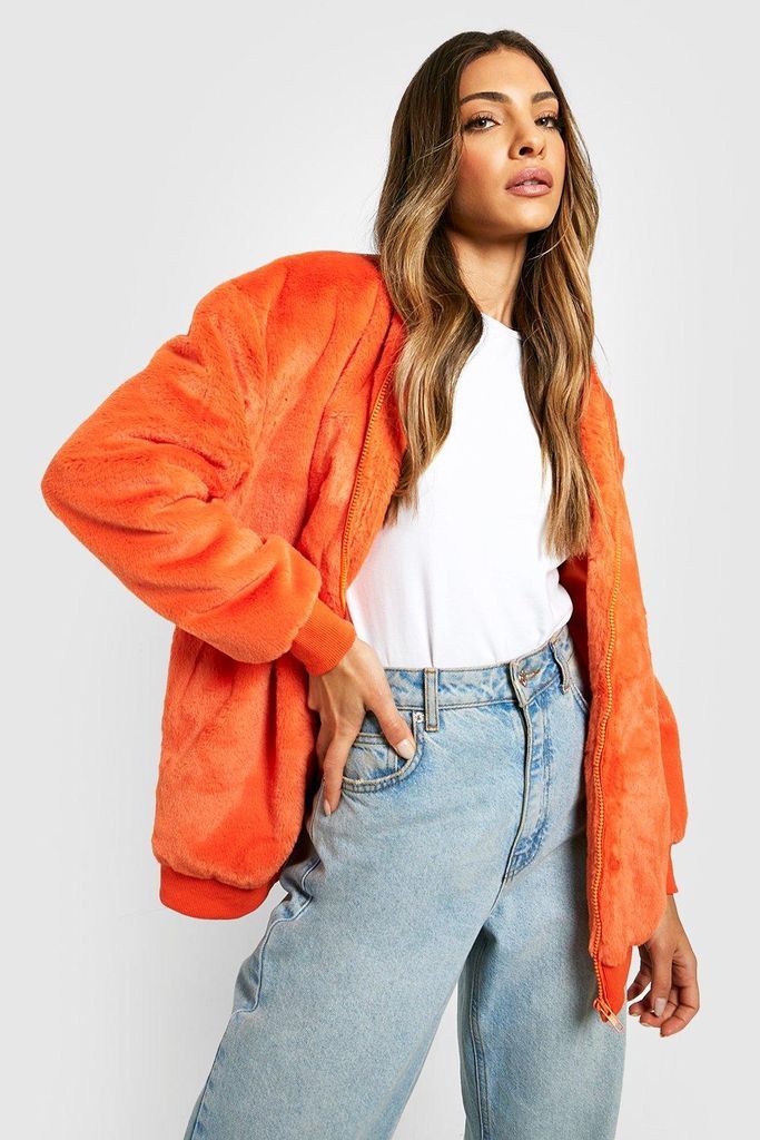 Womens Faux Fur Bomber Jacket - Orange - 8, Orange