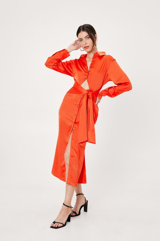 Womens Cut Out Tie Front Midi Shirt Dress - Orange - 4, Orange