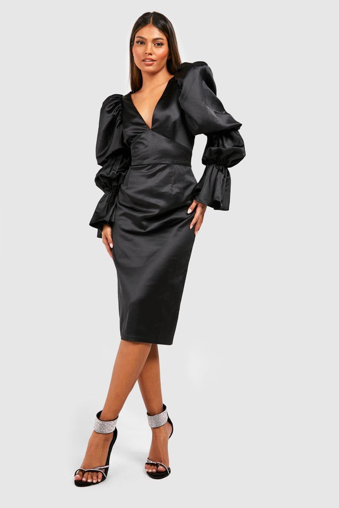 Womens Satin Extreme Puff Sleeve Midi Dress - Black - 8, Black