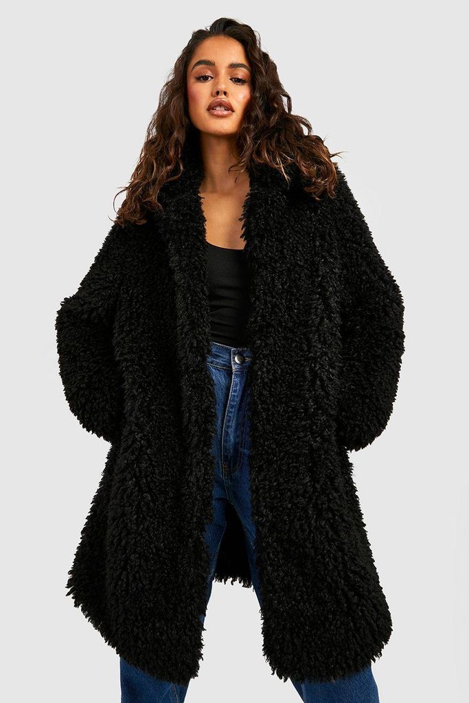 Womens Shaggy Faux Fur Coat - Black - 8, Black