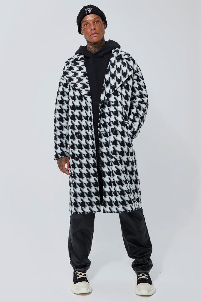 Men's Wool Look Dogtooth Double Breasted Overcoat - Black - S, Black