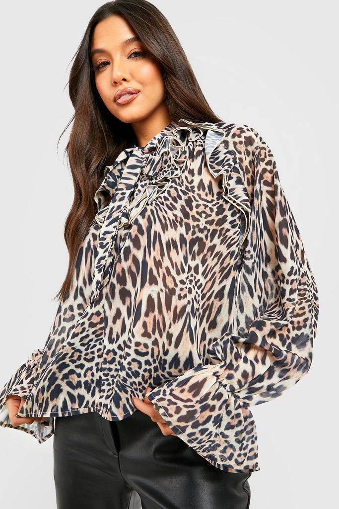 Womens Leopard Pussybow Ruffle Blouse - Brown - 8, Brown