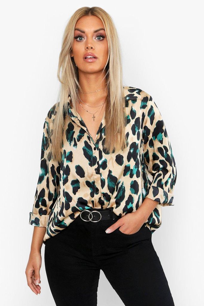 Womens Plus Satin Leopard Shirt - Black - 28, Black