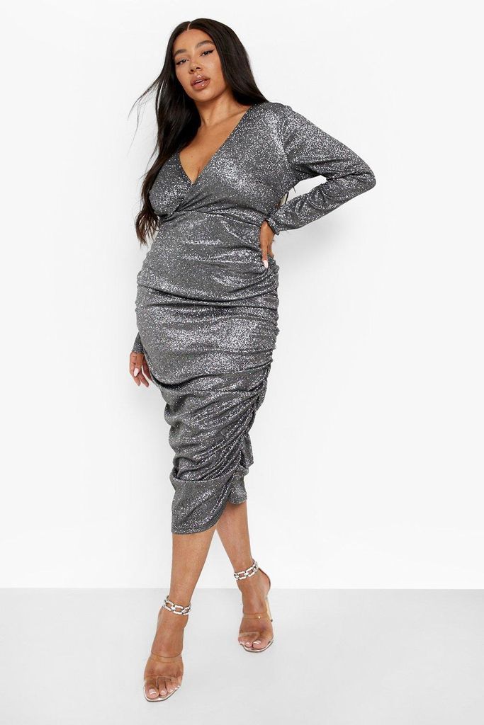 Womens Plus Woven Glitter Shimmer Wrap Ruched Midi Dress - Black - 28, Black