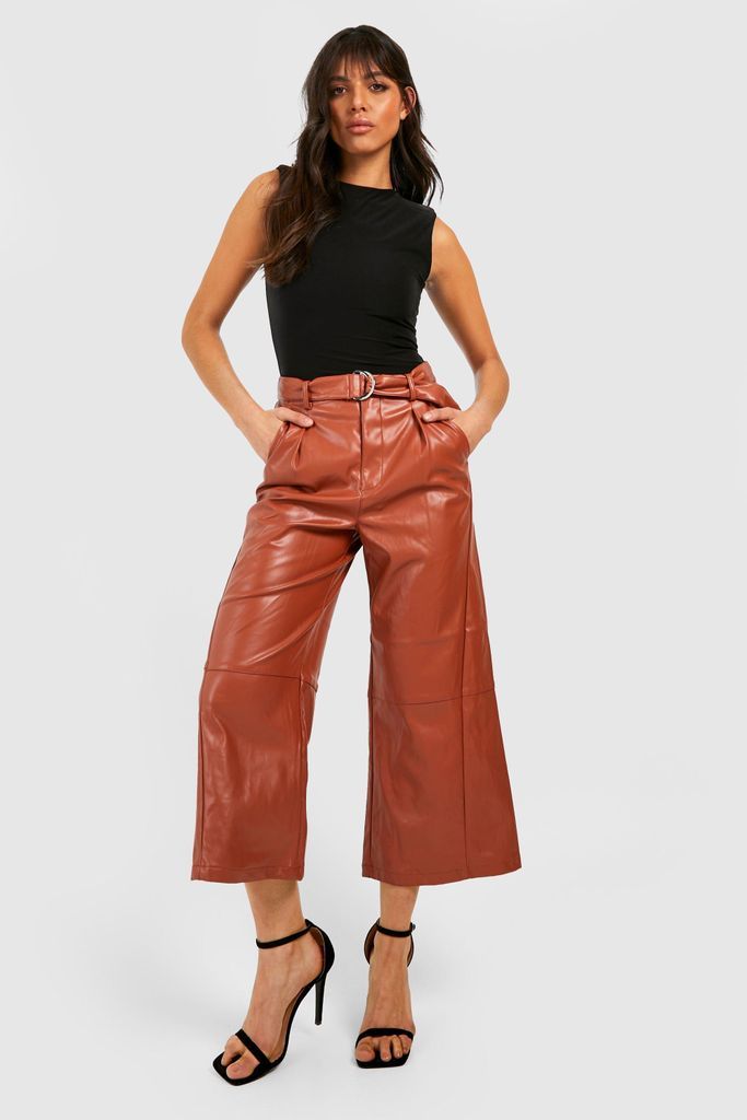 Womens Premium Leather Look Longer Length Culotte - Brown - 8, Brown