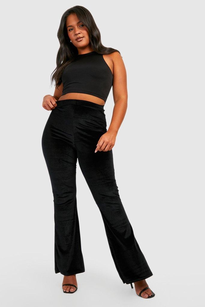 Womens Plus Velvet High Waisted Flared Trousers - Black - 28, Black