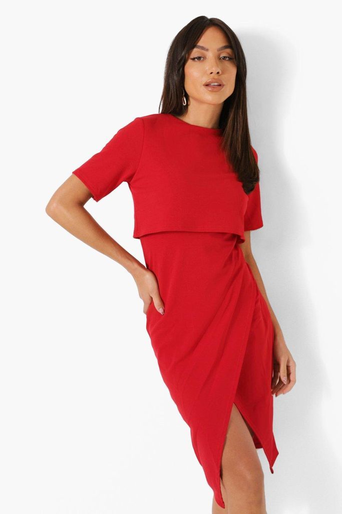 Womens Layered Wrap Wiggle Midi Dress - 16, Red