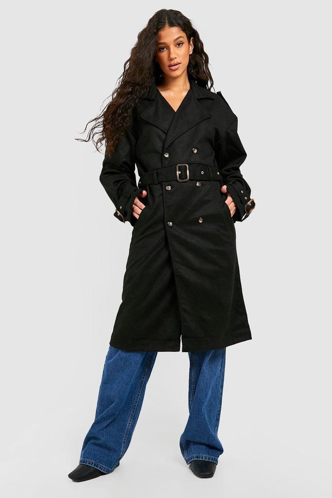 Womens Oversized Faux Suede Trench Coat - Black - 8, Black